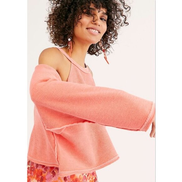 Free People We The Free Hollywood Pullover Sweatshirt Cold Shoulder Coral M - Picture 2 of 10
